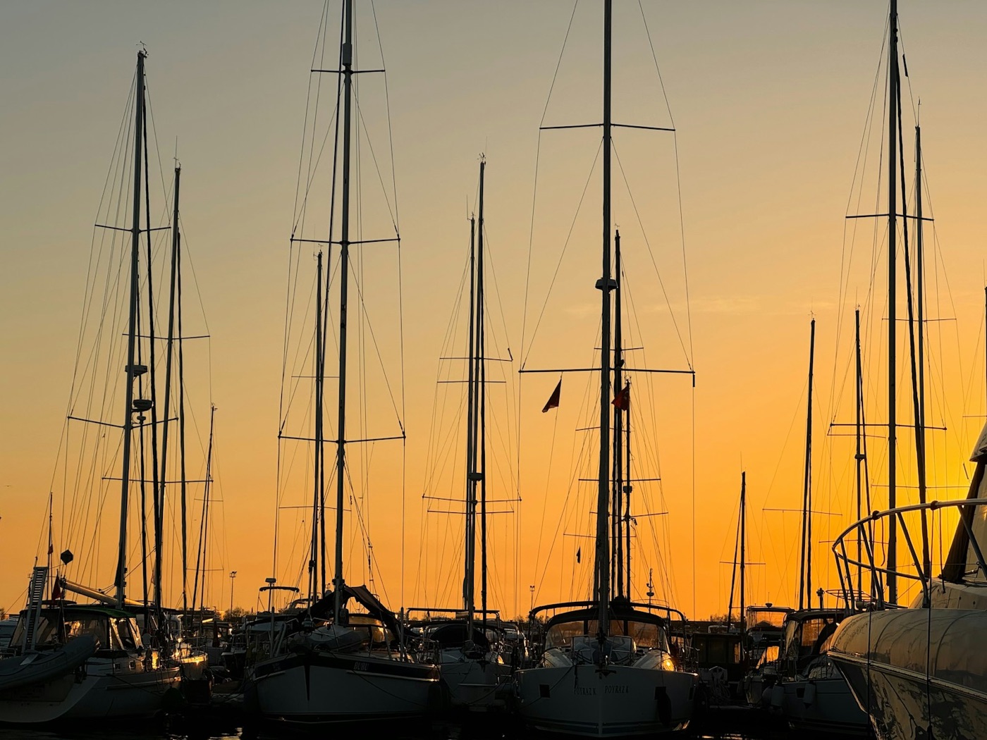 Mástiles de veleros en silueta contra el cielo dorado del atardecer en una marina
